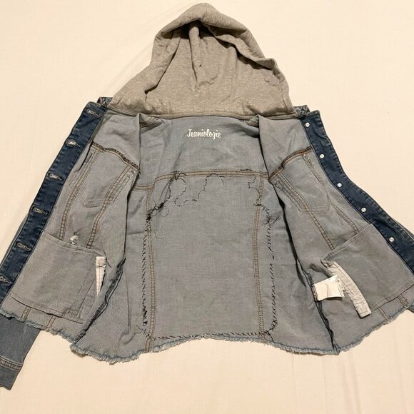 Jeaniologie Altered Jean Denim Jacket Dont Talk to Strangers Patch Sz Large - Picture 14 of 16